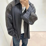 Ceekoo  -  Harajuku Patch Contrast Color Checkered Shirts for Men and Women Turn-down Collar Oversized Casual Long Sleeve Fall Plaid Shirt