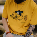 Ceekoo  -  Retro Deep Sea Fish Flocked Print T-shirt Animal Pattern Round Neck Short-sleeved Tops for Men's Summer Tee