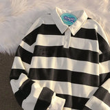 Ceekoo Oversize 150kg vintage stripes contrast polo shirts super Loose style Streetwear Long Sleeve polo male Tops Embroidered letter