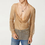 Ceekoo  -  Mens Sexy See-Through Mesh Long-Sleeve Top New Genderless Nightclub Individuality Irregular Thin Low-Cut T-Shirt Unisex