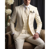 Ceekoo  -  Fashion Ivory Notch Lapel Single Breasted Men Suits Chic Business Office Casual Suit Slim Formal Groom Wedding Tuxedo 3 Piece