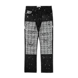 Ceekoo Black White Checkered Patchwork Straight Leg Denim Trousers Men Hip Hop Splashed Ink Logging Pants Jeans Slim Fit Washed Torn