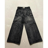 ceekoo American Retro Loose Jeans Y2K Embroidered Bat Pattern High Waisted Wide Leg Pants Denim Trousers Ins Street Wear