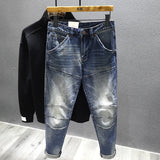  Ceekoo Quality European American Spliced motorcycle Jeans Men Fashion Vintage Distressed Washed Slim Stretch Denim Pants