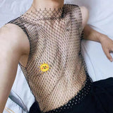 Ceekoo  -  Flash Diamond Vest Mesh Navel Tank Tops Men's Sexy Fishnet Perspective Personality T-shirt Trend Nightclub Unisex Sexy Underwear