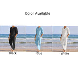 Ceekoo Summer 2Pcs/set Men's Cotton Linen Blend Sets Long Sleeve V-neck T Shirts Pants Set Casual Men Beach Clothes Set