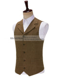 Ceekoo Business Mens Suit Vest Lapel V Neck Wool Herringbone Casual Brown Waistcoat Casual Formal Groomsman Jacket For Wedding