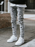 Ceekoo  Men's Skinny Ripped Jeans Streetwear Fashion Beggar Patch Men Pencil Pants Grey/Blue Slim Denim Trousers Casual Jeans for Men