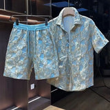 Ceekoo  -  Ethnic Style Scalding Gold Flower Shirts And Shorts Two Piece Set Mens Fashion Short Sleeved Suits Summer Casual Loose Outfits