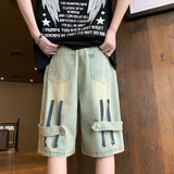 Ceekoo Summer Men Wide Leg Denim Shorts Vintage Cargo Hip-pop Baggy Knee Length Pants Stitching Streetwear Straight Casual 5 Pants