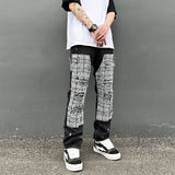 Ceekoo Black White Checkered Patchwork Straight Leg Denim Trousers Men Hip Hop Splashed Ink Logging Pants Jeans Slim Fit Washed Torn