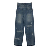 Ceekoo  -  Blue High Street Jeans Men's Solid Color Hole Do Old Straight Leg Pants Loose Button Pockets Y2K Trousers A170