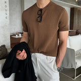 Ceekoo  Korean Version Summer Slim Fit Knit T Shirt Men Round Neck Stripe Short Sleeve Solid Color Harajuku Casual Vintage T Shirt Men