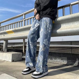 Ceekoo Korean Style Mens Fashion Blue Printed Jeans 2024 Spring New Floral Denim Pants High Street Loose Straight Couples Trousers