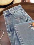 Ceekoo  National Style Embroidered Fashion Jeans for Women Spring Summer 2024 New Wide Leg Straight High Waist All-Matching Denim Pants