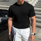 Ceekoo  Well Fitting Tops INCERUN New Men Knitted O-Neck Well Fitting T-shirts Casual Fashion Solid Short Sleeve Camiseta S-5XL