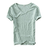 Ceekoo Summer T Shirt Men Linen Cotton Short Sleeve Tshirt V-neck Tops&Tee Breathable Comfortable Slim T-shirt Men Dropshopping