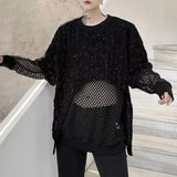 Ceekoo  -  Mens y2k sequin mesh stitching see-through sexy long-sleeved T-shirt autumn genderless nightclub fashion trend long top unisex