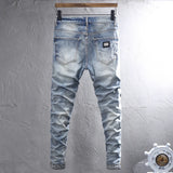 Ceekoo  Street Fashion Men Jeans High Quality Retro Blue Stretch Slim Fit Ripped Jeans Men Patched Designer Vintage Denim Pants Hombre