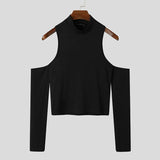 Ceekoo  -  Sexy Off Shoulder T shirts For Men High Neck Long Sleeve Tight Turtleneck Tops Summer Casual Slim Hollow Out Crop Tee Streetwear