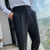 Ceekoo  -  Fashion Slim Fit Pencil Pants Naples Suit Pant For Men High Waist Button  Business Casual Straight Trousers Korean Cropped Pants