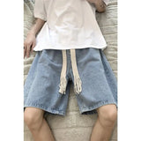 Ceekoo Wide Leg Baggy Denim Shorts Men Summer Thin Solid Color Casual Loose Simple Knee-length 5 Point Pants Drawstring Straight Shorts