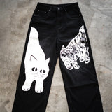 Ceekoo  -  Y2K Gothic Heavy Print Pattern Pants Cat Mid Waist Straight Couple Harajuku Street Casual New Fashion Retro Wide Leg Pants Jeans