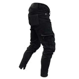 Ceekoo  Mens Stretch Jeans Black Big Side Pockets Cargo Jeans Fashion Zipper Small Foot Denim Pants Elastic Jogging Trousers Streetwear