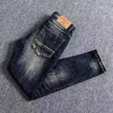 Ceekoo Newly Designer Fashion Men Jeans High Quality Retro Black Blue Stretch Slim Fit Ripped Jeans Men Embroidery Vintage Denim Pants