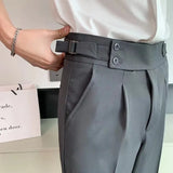 Ceekoo  -  Fashion Slim Fit Pencil Pants Naples Suit Pant For Men High Waist Button  Business Casual Straight Trousers Korean Cropped Pants