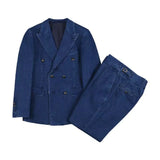 Ceekoo  -  New Fashion Denim Blue Suits High Quality Slim Fit 2 Piece Peak Lapel Double Breasted Chic Male Blazer Wedding Casual Men Suits