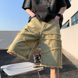 Ceekoo American High Street Men's Wide Leg Denim Shorts Summe New Fashion Casual Baggy Short Jeans Male Chic Burrs Clothes