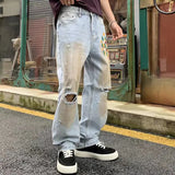 Ceekoo  -  fall outfits men Washed Vintage Printed Men's Jeans Washed Street Personalised Trendy Dirty Loose Straight broken holes Wide Leg Men's Pants