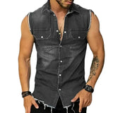 Ceekoo Spring Summer Casual Jean Vest Tops Men Fashion Sleeveless Buttoned Lapel Denim Tank Tops Streetwear Mens Denim Vest Shirts