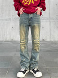 Ceekoo  -  Spring and Autumn High Street Jeans for Men Y2K Straight-leg Pants Splash-ink Button Pocket Washed Trousers A167