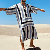 Ceekoo Men Casual Robe Striped V Neck Loose Slit Robe Clothes Vintage Casual Ethnic Style Men's Short Sleeve Shirt Robe