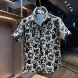 Ceekoo  -  Ethnic Style Scalding Gold Flower Shirts And Shorts Two Piece Set Mens Fashion Short Sleeved Suits Summer Casual Loose Outfits