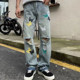 Ceekoo  -  fall outfits men High-end Street hip-hop personality butterfly print jeans men's loose straight wide leg pants retro Y2k washed pants