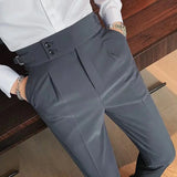 Ceekoo  -  Fashion Slim Fit Pencil Pants Naples Suit Pant For Men High Waist Button  Business Casual Straight Trousers Korean Cropped Pants