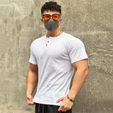 Ceekoo Summer New Men's T-Shirt Henry Shirt V-Neck Short Sleeved Cotton Slim Fit Elastic Gym Sports Fitness T-Shirt Sportswear Top