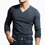 Ceekoo Casual Men's Long Sleeves Muscle V Neck Slim T-Shirt Solid Color Activewear Tops Tee Undershirt T Shirt Man Clothing