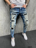 Ceekoo Blue Skinny Jeans for Men Painted Stretch Slim Fit Ripped Distressed Pleated Knee Patch Denim Pants Brand Casual Trouser Male