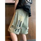 Ceekoo Summer Men Wide Leg Denim Shorts Vintage Cargo Hip-pop Baggy Knee Length Pants Stitching Streetwear Straight Casual 5 Pants