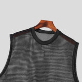 Ceekoo  -  Streetwear Mens Fashion Mesh Tank Tops Hollow Out See Through Sexy Vest Men Summer Trendy Solid Color Loose Sleeveless Camisoles