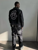 Ceekoo  -  Y2K Streetwear Mens Womens Hip Hop Letter Embroidered Jacket Jeans Two Piece Tracksuit Retro Loose Leather Biker Punk Jacket Set