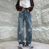 Ceekoo Baggy Flower Jeans Men Fashion Oversized Wide Leg Jeans Men Streetwear Hip-hop Loose Straight Denim Pants Mens Trousers S-XL