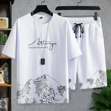 Ceekoo 2 Piece Set For Men  Shorts Set Drawstring Pockets Casual Outfit Mountain Print Loose T-shirt Loose Shorts Sport Suit Streetwear