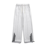 Ceekoo Men's Spring Autumn Striped Solid Drawstring Elastic High Waisted Pockets Loose Casual Wide Leg Sportswear England Style Pants