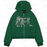 ceekoo New hiphop green zipper sweater men's and women's personalized streetwear Harajuku anime print long-sleeved fleece top coat