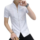 Ceekoo   Summer Stand Collar Shirt for Men Short Sleeve Slim Zipper Casual Shirts Business Social Party Tuxedo Blouse Men Clothing